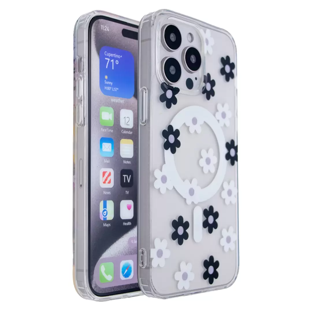 iPhone 14 Designed Case MagSafe Black and White Floral